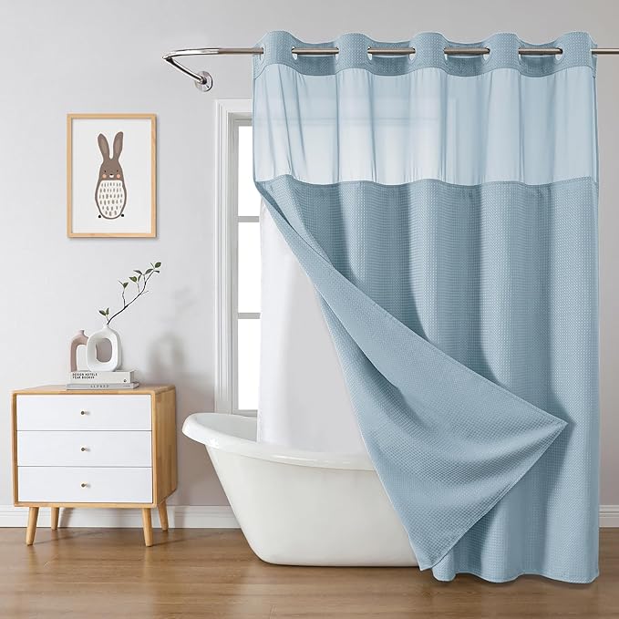 Teal Long No Hook Waffle Weave Shower Curtain with snap-in Liner Replacement, 230GSM Waterproof Fabric Hotel Shower Curtain Set for Bathroom, Through Mesh Top Window,71Wx80H