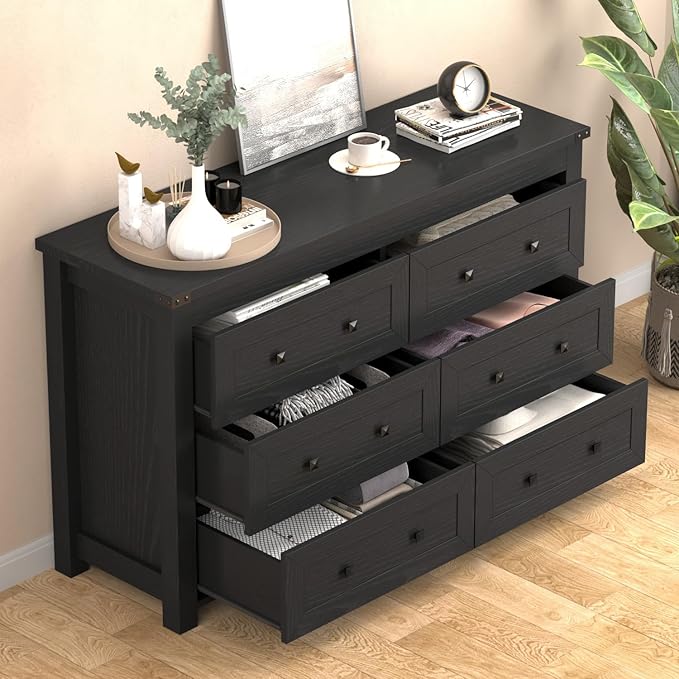 Black Dresser for Bedroom, 47.3" Modern Dresser for Closet TV Stand, 6 Drawer Wood Dressers & Chest of Drawers with Black Knobs, Wide Closet Storage Organizer for Living Room, Hallway