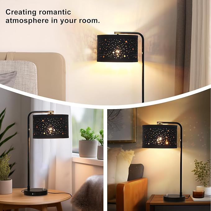 Bedside Table Lamp with USB C+A Ports, Fully Dimmable Modern Nightstand Side Lamps with Stars Shade, Tall Desk Reading Lamps for Living Room Bedroom 3000k LED Bulb Included