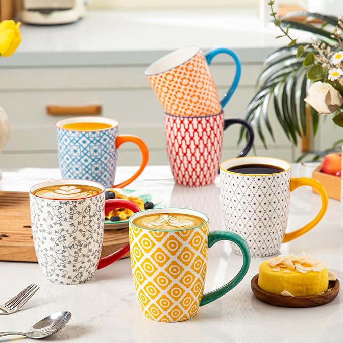 Ceramic Coffee Mugs Set - 16 Oz Large Porcelain Tea Cups with Handle for Men Women Cappuccino Latte Cocoa - Microwave Dishwasher Safe - Christmas Housewarming Gift - Set of 6 - Assorted Colors
