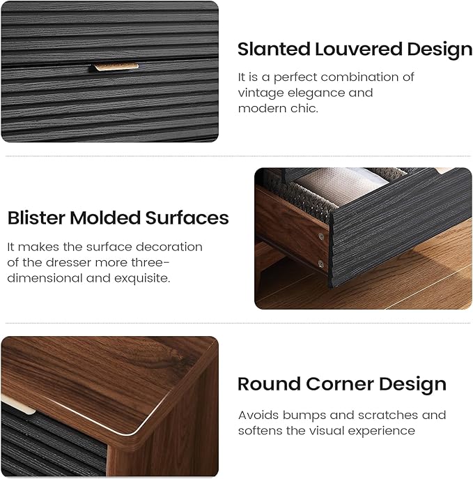 AOGLLATI Black Dresser for Bedroom with Slanted Louvre Design,Retro Chest of Drawers with Charging Station, Wooden Led Wide Tall 8 Drawer Dresser for Bedroom,Living Room, Hallway, Black & Brown