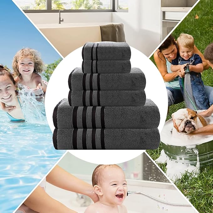 CASA COPENHAGEN Zero Twist, 6 Pieces Set 100% Cotton 0" Twist Towel Set- Pine Grey, 600 GSM, 2 Bath, 2 Hand, 2 Washcloths Made from Egyptian Cotton, Ultra Soft Luxury Towels for Bathroom.