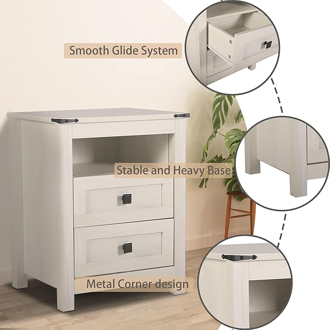 Nightstand with 2 Drawers, Wooden Night Stands, Grey Bedside Table Side Table for Bedroom Storage Cabinet End Table for Bedroom, Rustic Beige