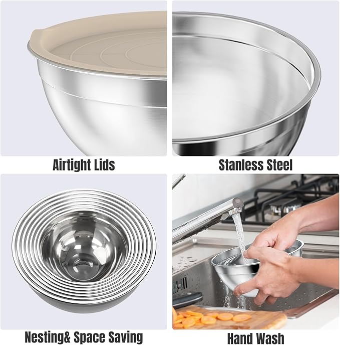 7-Piece Stainless Steel Mixing Bowls Set with Lids & 3 Grater Attachments – Size 4.5, 4, 3.5, 2.1, 1.5, 1.1, 0.7QT, Kitchen Gadgets Set for Cooking, Baking, and Serving, Khaki