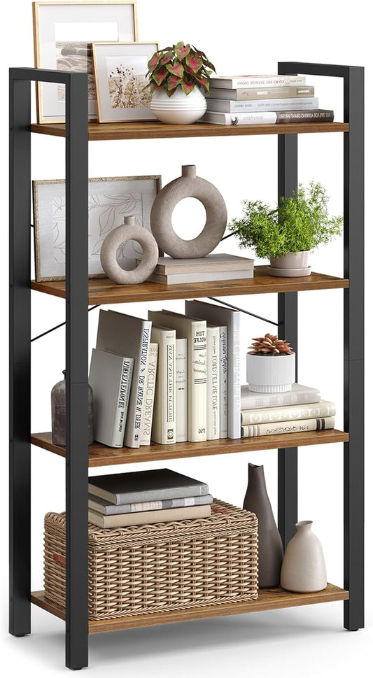 VASAGLE 4-Tier Bookshelf, Bookcase with Steel Frame, Book Shelf for Living Room, Home Office, Study, 11.8 x 26 x 47 Inches, Industrial Style, Rustic Brown and Ink Black ULLS60BX