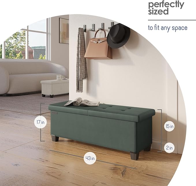 STORAGEBUD Storage Ottoman Bench with Bins, 43-in Storage Bench for Bedroom End of Bed, Folding Foot Rest Ottoman for Living Room Max 660lbs, Faux Leather Ottomans, Green