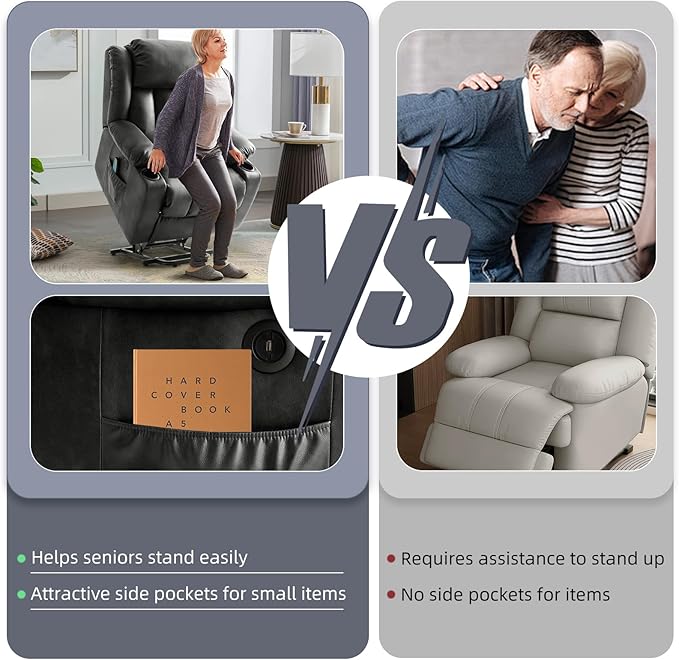 Power Lift Recliner Chair for Elderly, Electric Recliner Chairs for Adults with Massage and Heat, Cup Holders, Remote Control, USB Ports, Side Pockets, Leather (Aluminum Gray)