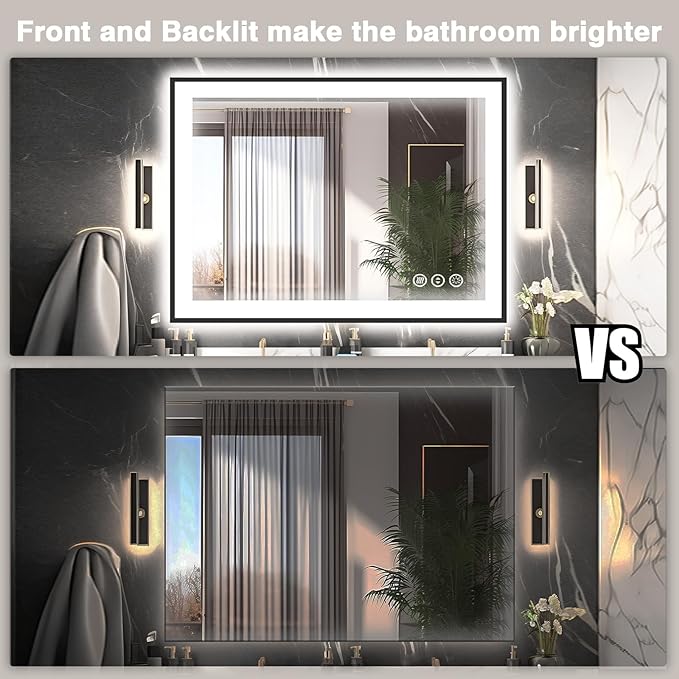 40x36 LED Bathroom Vanity Mirrors - Black Aluminum Edge (Front and Backlit), Anti-Fog Vanity Mirror with Lights,Stepless Dimmable Lighted Mirror,3 Colors Smart Mirror(Horizontal/Vertical)