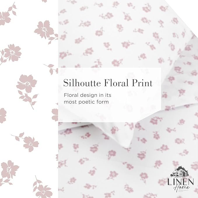 Linen Home 100% Cotton Printed Percale Sheets Queen Size, Deep Pocket, 4 Pieces Set - 1 Flat, 1 Deep Pocket Fitted Sheet and 2 Pillowcases, Crisp Cool and Strong Bed Linen, Mauve Silhouette Floral