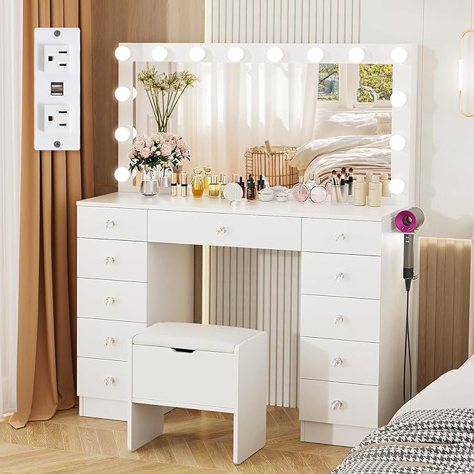 VOWNER Vanity with Lighted Mirror - Makeup Vanity Desk with 11 Drawers and Outlet, 3 Color Lighting Modes Adjustable Brightness, 46" Vanity Table with Soft Cushioned Stool for Bedroom, White