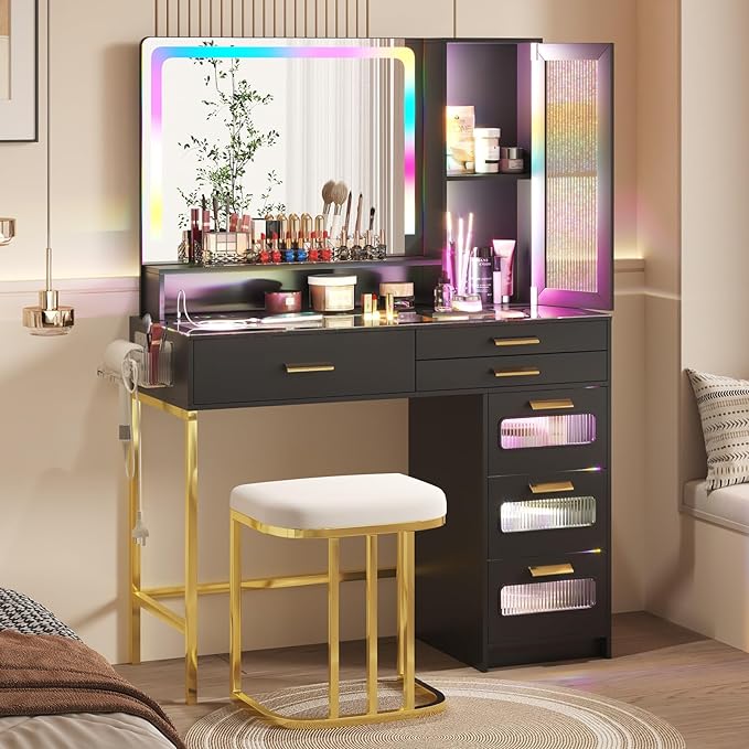 RGB Vanity Desk with Mirror and Lights, Glass Top Makeup Vanity with 6 Drawers & Wireless Charging,Vanity Table Set with RGB Cabinet Light and Jewelry Box, for Girls Bedroom,Black