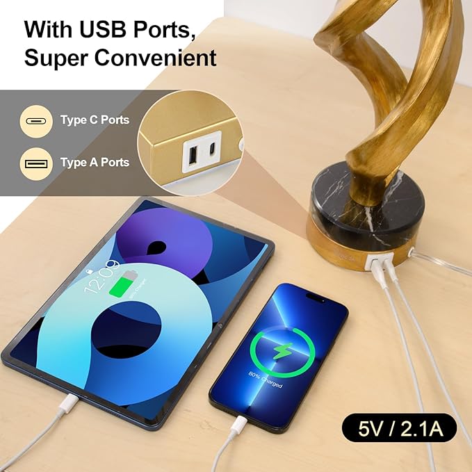 Sculptural Table Lamp Set of 2 for Bedroom, 26” Gold Leaf Farmhouse Bedside Lamps for Living Room, Pull Chains Switch Rustic Nightstand Lamp Marble Base with USB for Home Room Decor (Bulbs Included)