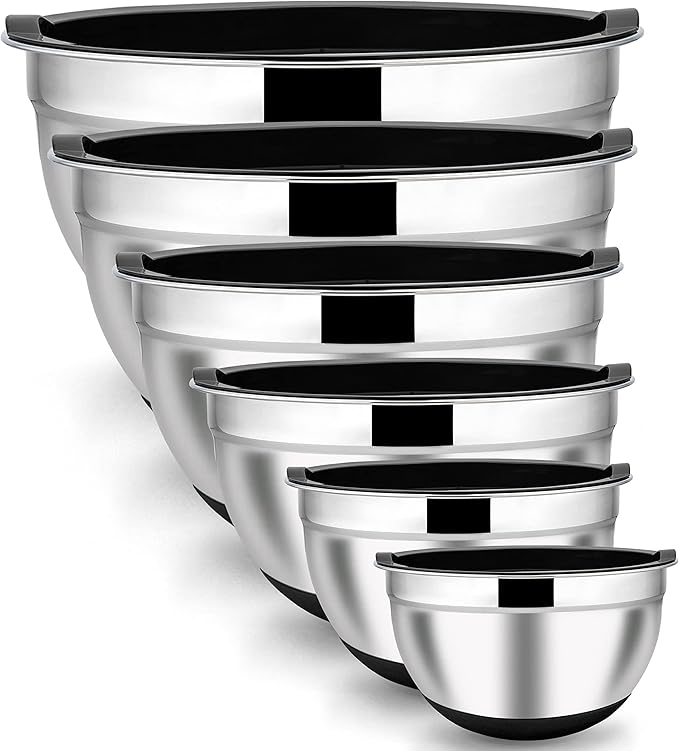 LIANYU Stainless Steel Nesting Mixing Bowls Set of 6 with Airtight Lids, Size 7, 3.5, 2.5, 2, 1.5, 1QT, Large Metal Bowls for Baking Cooking Food Storage, Non-slip Bottom, Black