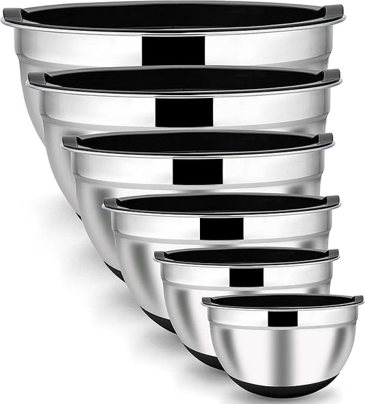 LIANYU Stainless Steel Nesting Mixing Bowls Set of 6 with Airtight Lids, Size 7, 3.5, 2.5, 2, 1.5, 1QT, Large Metal Bowls for Baking Cooking Food Storage, Non-slip Bottom, Black