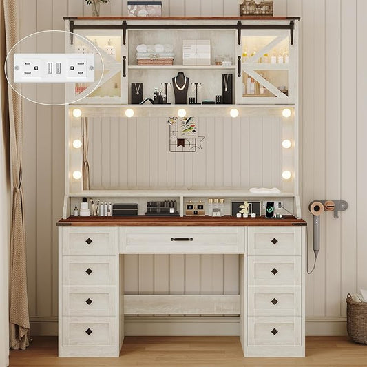 Farmhouse Makeup Vanity with 9 Drawer, Vanity Desk with Mirror and Lights 3 Colors, 75.2" Large Vanity with 2 Sliding RGB Barn Door,Storage Shelves,Power Outlets for Bedroom,Antique White