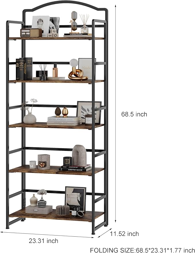 JSB No Assembly Folding Bookshelf, 5 Tier Book Shelf for Storage, Vintage Wood Foldable Bookcase for Living Room, Bedroom, Office Organization Shelves