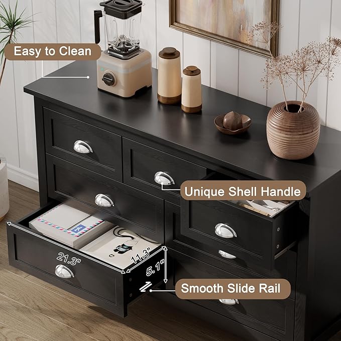 7 Drawer Dresser, Farmhouse Dresser for Bedroom, Antique Black Chest of Drawers, Modern Double Dressers for Bedroom, Closet