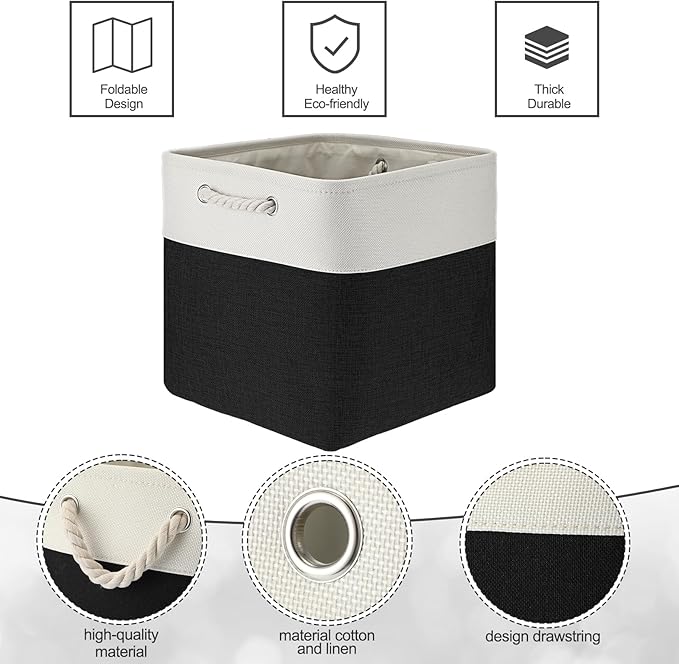 meekoo 8 Pack Collapsible Storage Bins Fabric Storage Bins Polyester Fabric Baskets with Handles Linen Closet Organizer for Shelf Home Closet Towels Toys(12 x 12 x 12 in,Black White)