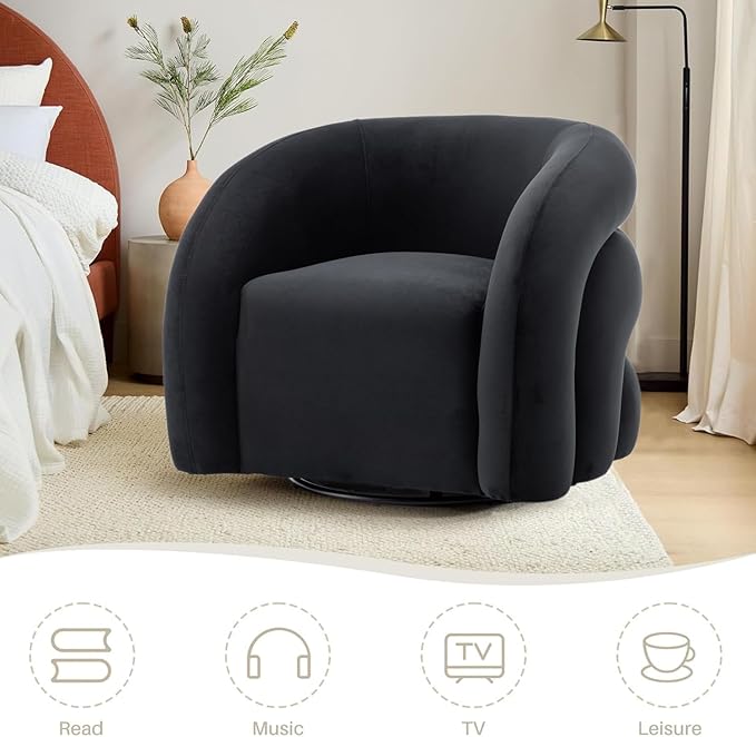 34.6" Velvet Swivel Accent Chair, Modern Round Armchair for Living Room,Upholstered Comfy Sofa Barrel Chairs for Bedroom Reading Apartment Lounge,Fully Assembled(Black)