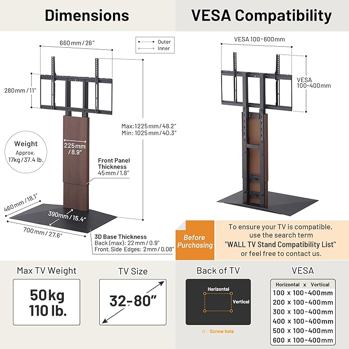 WALL V3 Low Type | Sleek 32-80 Inch Universal Ultra thin TV Stand | Walnut | for Living Room and Bedroom, Space Saving, Adjustable Mount, No Drill, Japanese Design & Engineering