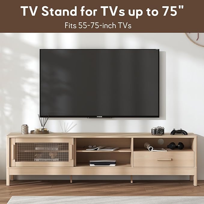 Bonzy Home Modern TV Stand with 2 Acrylic Sliding Doors and Drawers for 75 Inch TV, Modern Media TV Console with Adjustable Shelf for Bedroom,Living Room, Oak