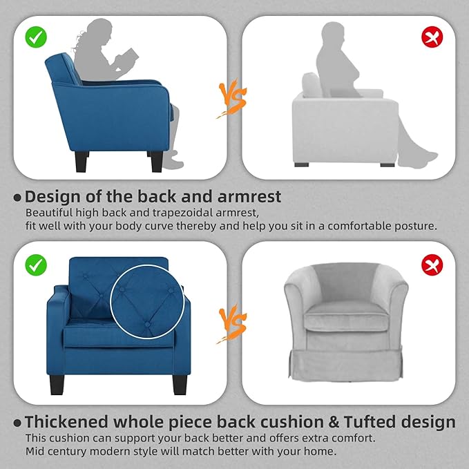 STHOUYN Living Room Chairs Accent Chairs Set of 2, Waiting Room Arm Chairs, Reading Chairs for Bedroom Comfy Club Chair Tufted, Office Small Space (2, Blue)