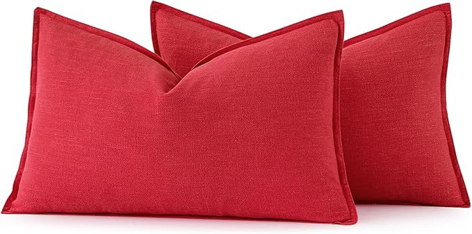 MIULEE Decorative Linen Lumbar Pillow Covers 12x20 Inch Red Boho Farmhouse Neutral Couch Throw Pillows for Bed Pack of 2 Accent Modern Pillowcase Sofa Livingroom Home Decor