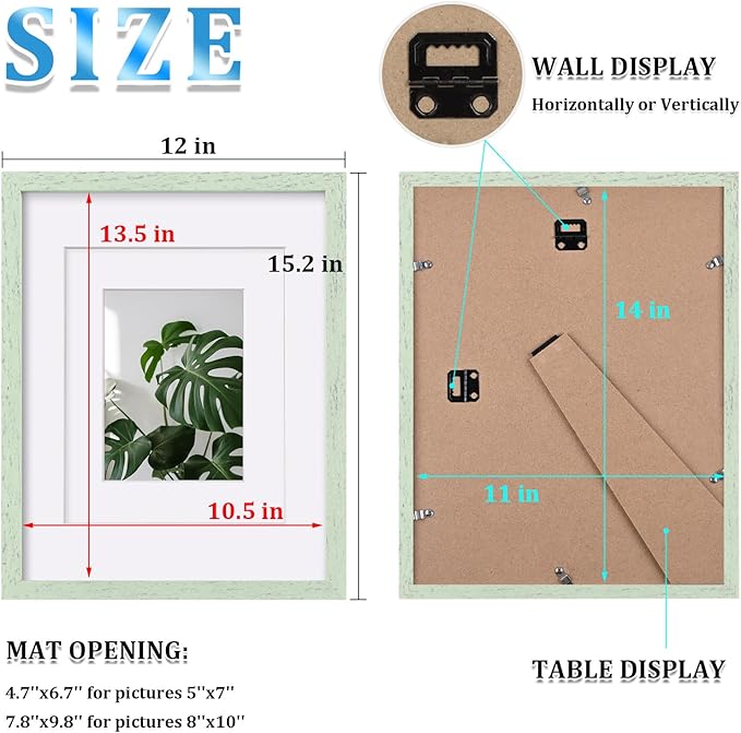 Egofine 11x14 Picture Frame Made of Solid Wood Covered by Plexiglass, Display Pictures 5x7/8x10 with Mat or 11x14 Without Mat for Table Top Display and Wall Mounting Photo Frame, Rustic Green