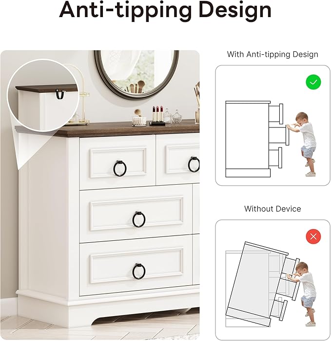 LIKIMIO White Dresser for Bedroom, 47.2" W Farmhouse 7 Drawer Dresser with Round Metal Handle, Thickened Desktop, Wood Rustic Chest of Drawers for Hallway, Entryway