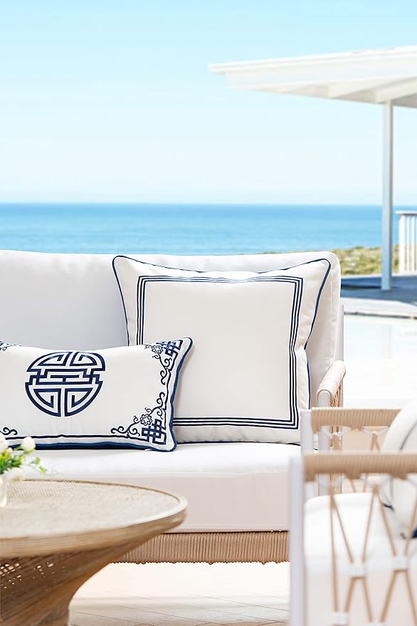 Hofdeco Premium Coastal Hampton Style Patio Indoor Outdoor Lumbar Pillow Cover Only, 12"x20" Water Resistant for Backyard, Couch, Navy Blue Embroidered Longevity Symbol