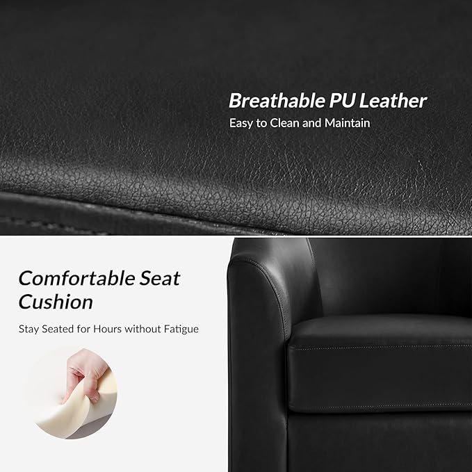 HULALA HOME Faux Leather Swivel Accent Chair with Solid Wood Base, Round Swivel Barrel Chair for Living Room and Bedroom, Black