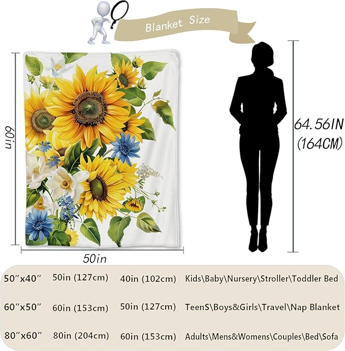 Sunflower Blanket - Ultra Soft, Fluffy, Lightweight Flannel Throw Blankets for Couch, Bed, Travel, Outdoor - Cozy, Fuzzy Home Decor, for Adults Kids Women Girls, All Season 80×60 in