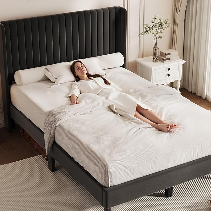 Casaottima Queen Bed Frame Upholstered Platform Bed with Wingback Headboard, Wooden Slats Support, Noise-Free Mattress Foundation, No Box Spring Needed, Easy Assembly, Vertical Stripe Deep Black