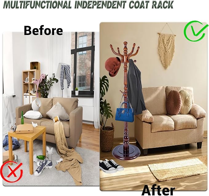 73" Wooden Coat Rack Stand,Coat Racks Freestanding With 11 Hooks And Solid Round Base Heavy Duty Adjustable Height Hall Tree Coat Rack for Entryway Hallway Foyer Office Bedroomf (Antique Color)