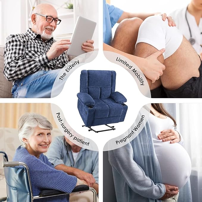 Electric Power Lift Recliner Chair, Oversized Reclining Chair with 8 Massage,Recliner Single Sofa with 2 Cup Holders,Side Pockets,USB Charge Port,Remote Control for Living Room,Bedroom,Blue