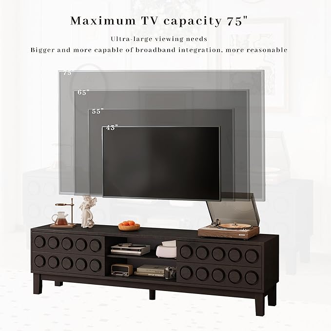 70" Modern TV Stand, Entertainment Center for Tvs up to 75", Unique Circular Design, TV Media Console with 4 Drawer & Open Storage for Living Room (Black)