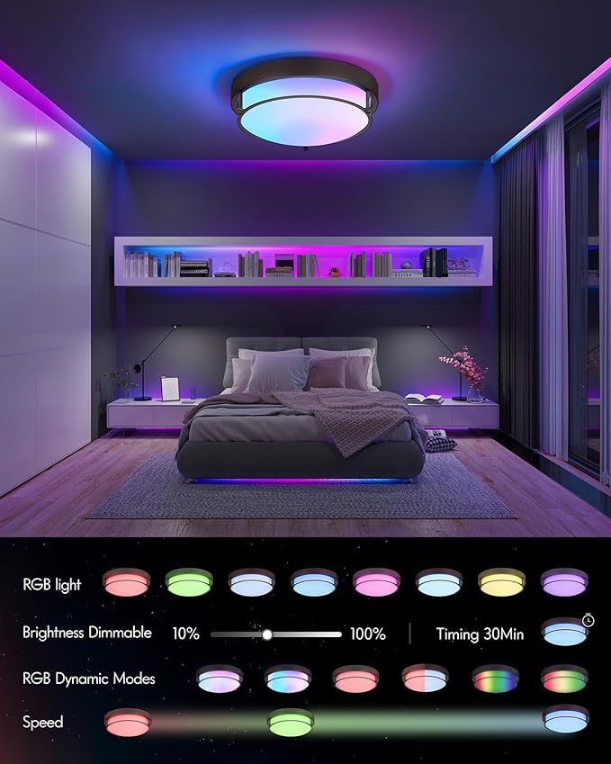 12-Inch RGB Flush Mount Ceiling Light with an Oil-Rubbed Bronze Finish, Ideal for Bathrooms, Bedrooms, Kitchens, and Hallways. Model:CKCL4822-2W-ORB-R