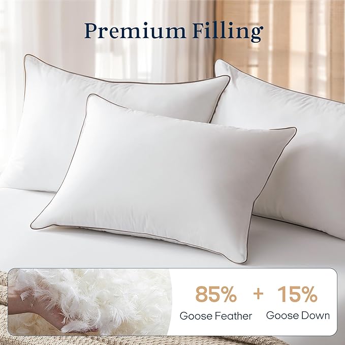 puredown® Goose Feathers Down Pillows Standard Size Set of 2 - Made in USA Soft Fluffy Hotel Pillow, 100% Cotton Cover, Luxury Medium Firm Bed Feather Pillows for Back, Stomach or Side Sleeper