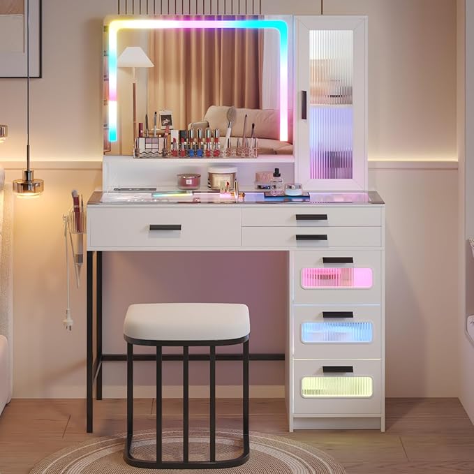 RGB Vanity Desk with Mirror and Lights, Glass Top Makeup Vanity with 6 Drawers & Wireless Charging,Vanity Table Set with RGB Cabinet Light and Jewelry Box, for Girls Bedroom, White