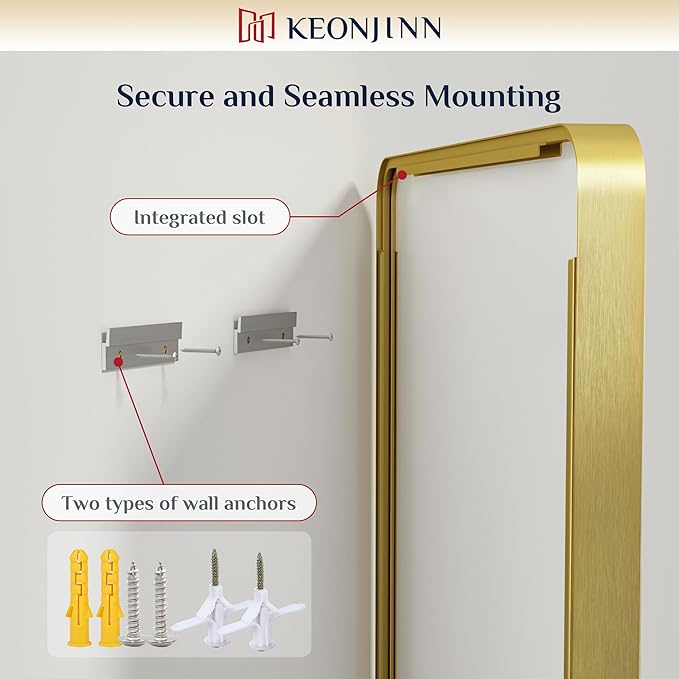 Keonjinn Gold Mirrors for Wall, 60” x 36” Large Brushed Brass Bathroom Mirrors for Over Sink, Rounded Rectangle Farmhouse Vanity Mirror, HD Tempered Glass Modern Decorative Mirror(Horizontal/Vertical)