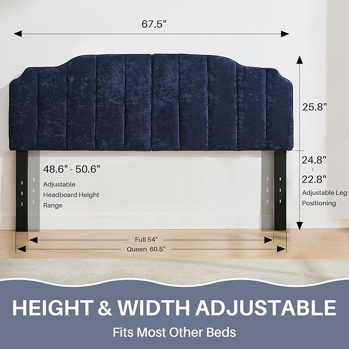 Queen Size Headboard Dark Blue Upholstered Headboard Adjustable Height&Width Chenille Headboards Modern Vertical Channel Design Bed Head Board, Dark Blue