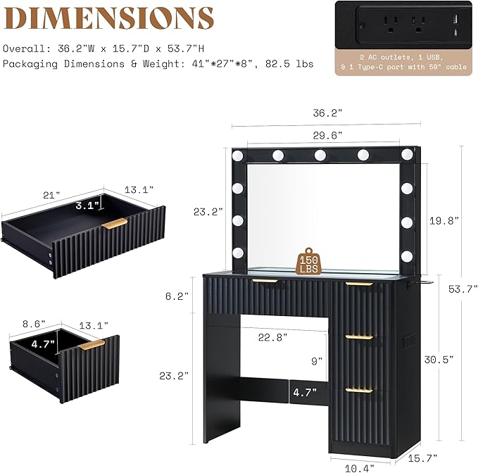 AMERLIFE 36.2" Fluted Vanity Desk with Large Mirror and Adjustable LED Lights, 4 Drawers Makeup Table with Glass Top and Charging Station for Women and Girls, Bedroom or Dorm, Black