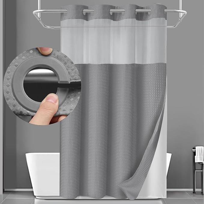 YellyHommy Stall No Hook Shower Curtain with Snap in Fabric Liner Set Less Time Grey Waffle Shower Curtain for Bathroom 75" L x 60" W