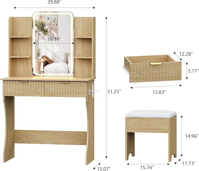 Small Vanity Desk with Mirror and Lights, Makeup Vanity with LED Lighted Mirror, Fluted Vanity with Lights Desk and Chair, 3 Lighting Adjustable Dressing Table with Charging Station for Women,Girls