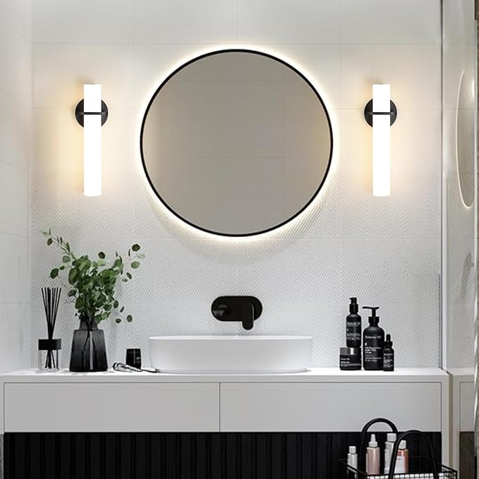 Wall Sconce Light - 15 inch Modern Black Bathroom Light Fixtures Wall Sconces Set of Two Dimmable LED Sconce Lighting, 15W 3000K Wall Light with Acrylic Shade for Bedroom Stairway Living Room