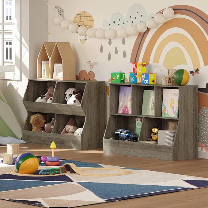 DINZI LVJ Kids Bookshelf, Toy Storage Organizer, Wooden Toy Storage Cabinet, 4 Cubby Children Bookcase, 39.4" L Toddler Book Shelf for Bedroom, Nursery, Hallway, School, Gray Wash