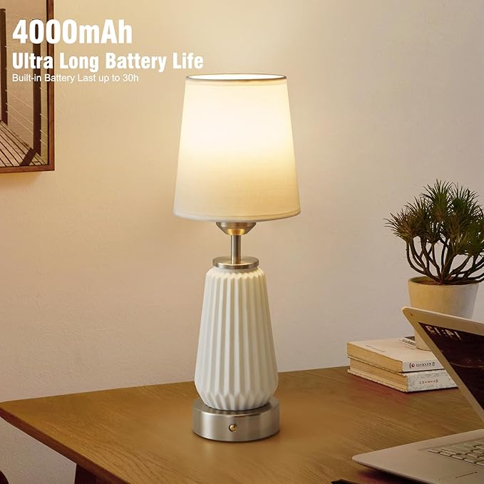Farmhouse Ceramic Cordless Table Lamp Set of 2 with 4000mAh Rechargeable Battery Touch Dimmable Bedside Lamp for Bedroom, Living Room Portable Night Light with LED Bulbs Included,Silver