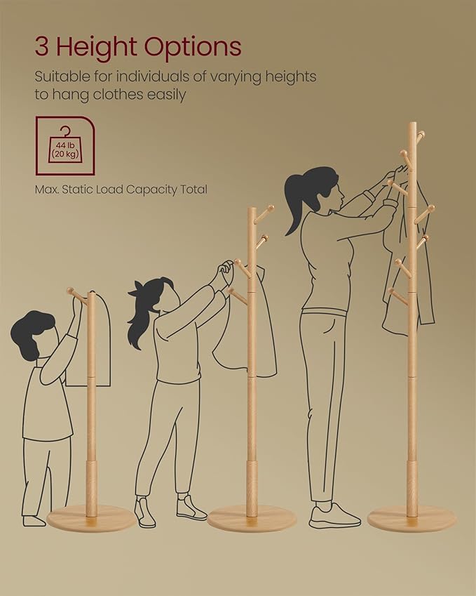 VASAGLE Solid Wood Coat Rack, Free Standing Hall Coat Tree with 7 Hooks, 3 Height Options, for Coats, Hats, Bags, Purses, for Entryway, Hallway, Rubberwood Hooks and Pole, Natural Beige URCR007N01