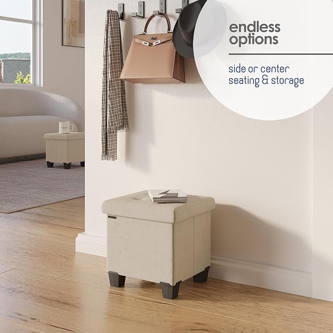 STORAGEBUD Storage Ottoman Cube with Small Bin, 15-in Square Ottoman with Storage for Living Room and Bedroom, Small Ottomans Foot Rest, Velvet Foot Stools Ottomans Max 330lbs, Beige