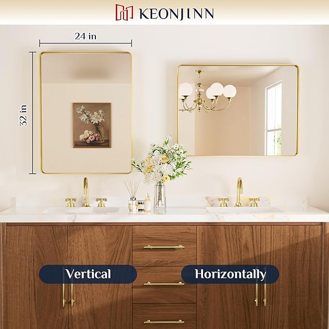 Keonjinn Gold Bathroom Mirrors for Vanity, 24 x 32 Inch Rounded Rectangle Gold Mirror for Wall, Brushed Brass Mirror with Metal Frame, HD Tempered Glass, Modern Gold Framed Mirror(Horizontal/Vertical)